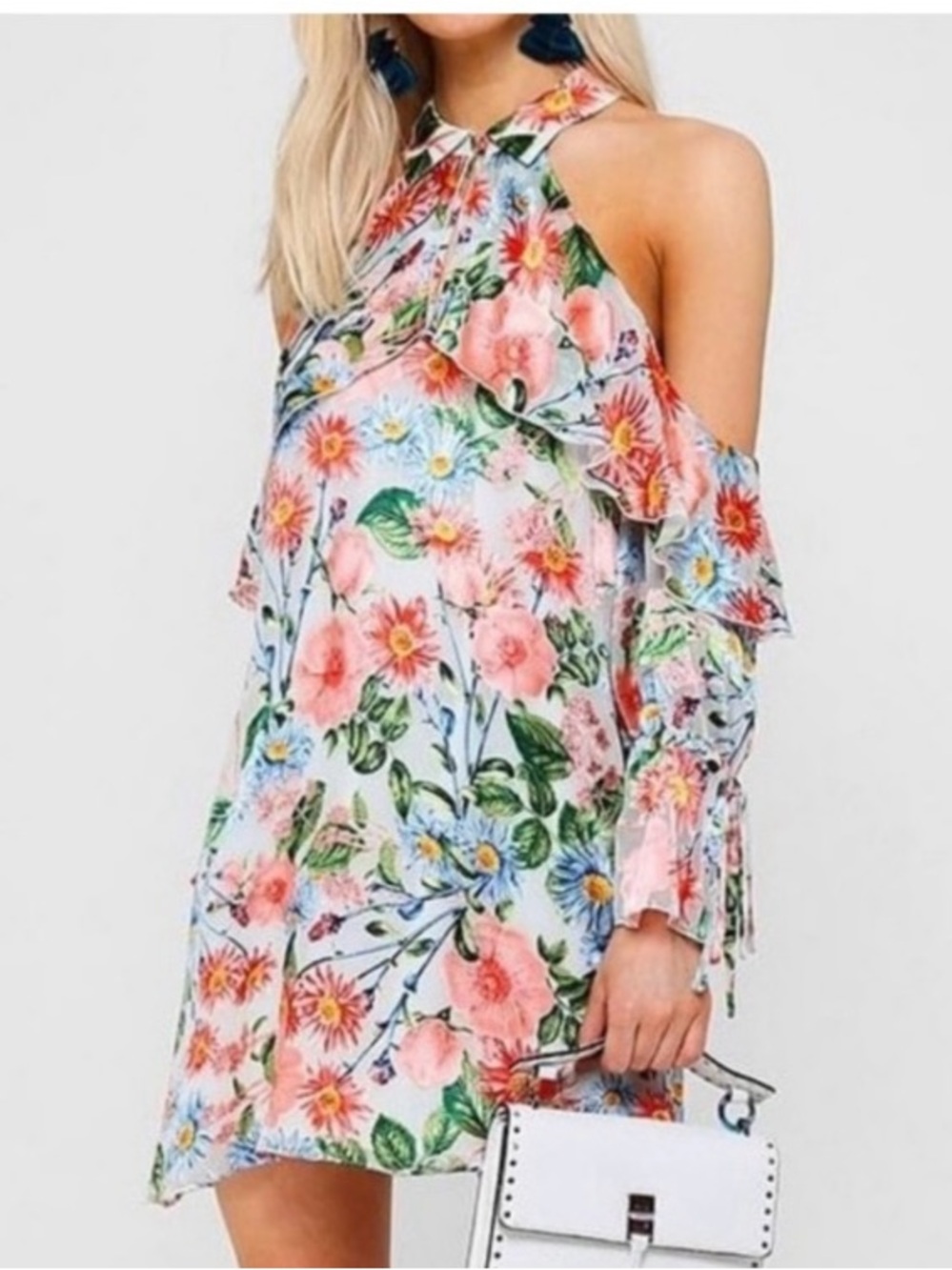 Alice + Olivia Pink Floral Cold-Shoulder Halter Mini Dress